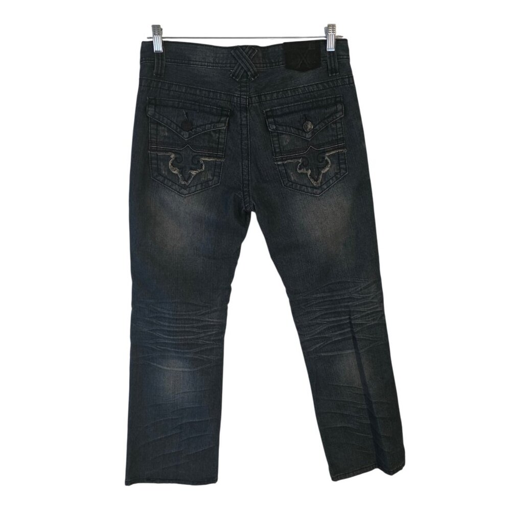 Xtreme Couture Jeans Dark Wash Bootcut Embroidered Flap Pockets Distressed 30x30